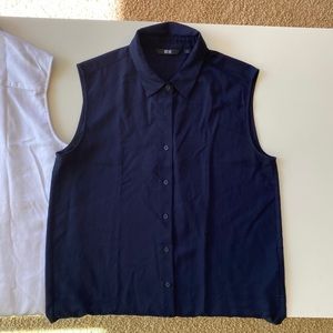 Navy Sleeveless Layering Button Down
